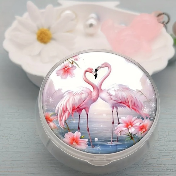 Source Unknown Other - 2 Pink Flamingos With Necks In A Heart Pill Box.  2" X .86” Three Compartments
